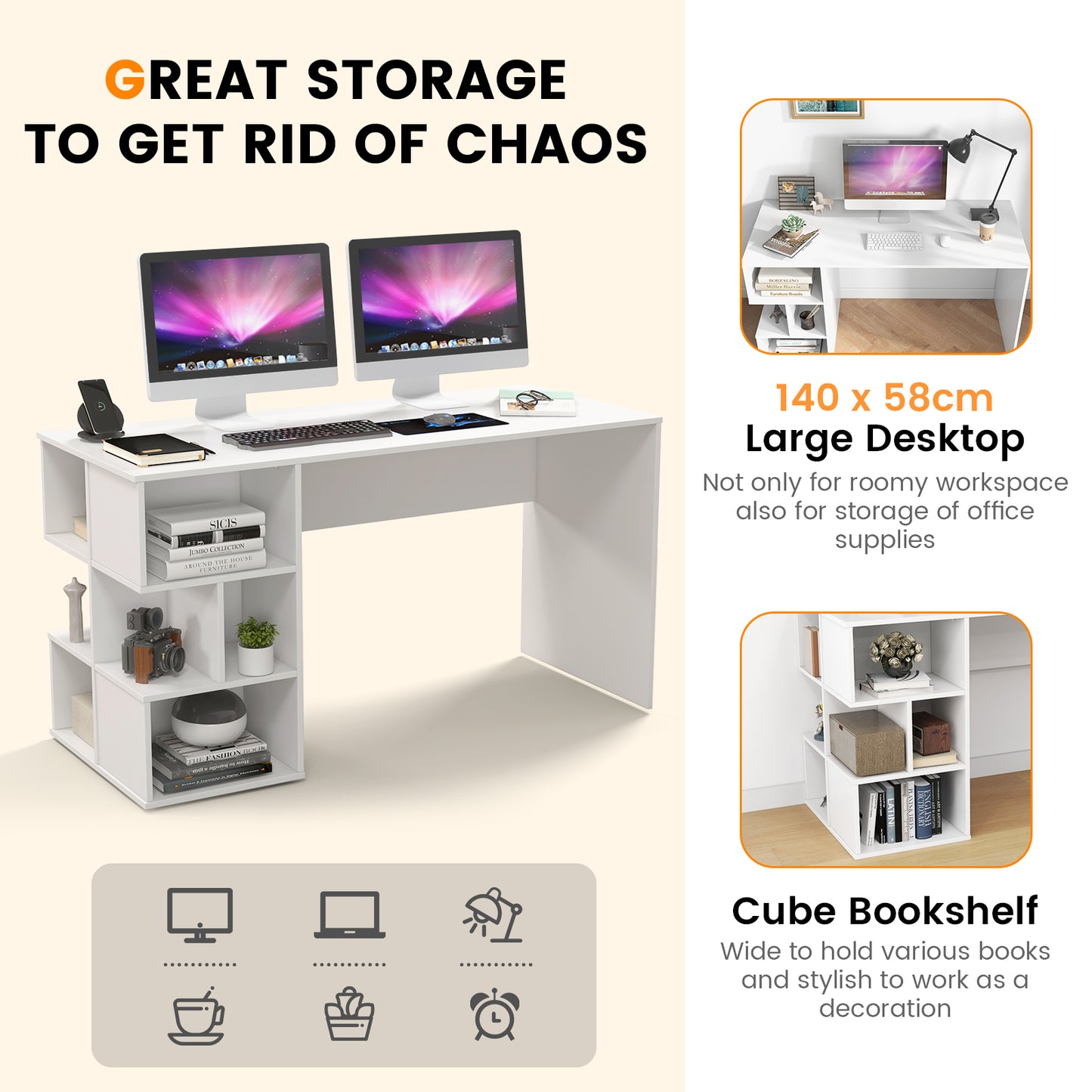 Modern Computer Desk with Storage Shelves and Anti-Tipping Kits-White