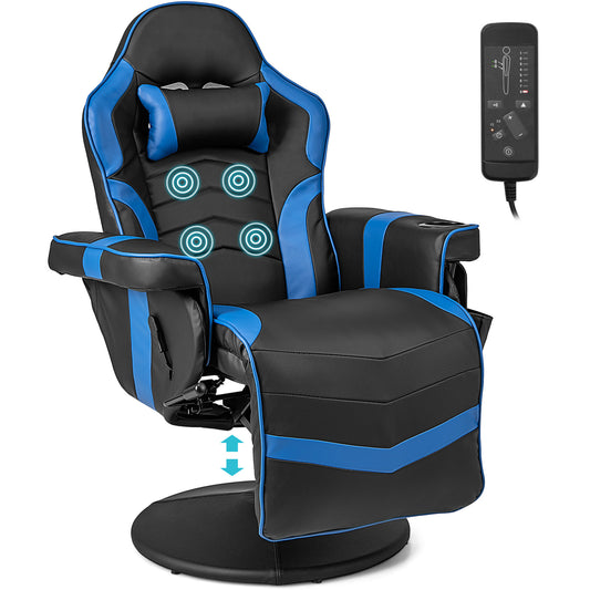 Electric Massage Gaming Chair with Cup Holder and Side Pouch-Blue