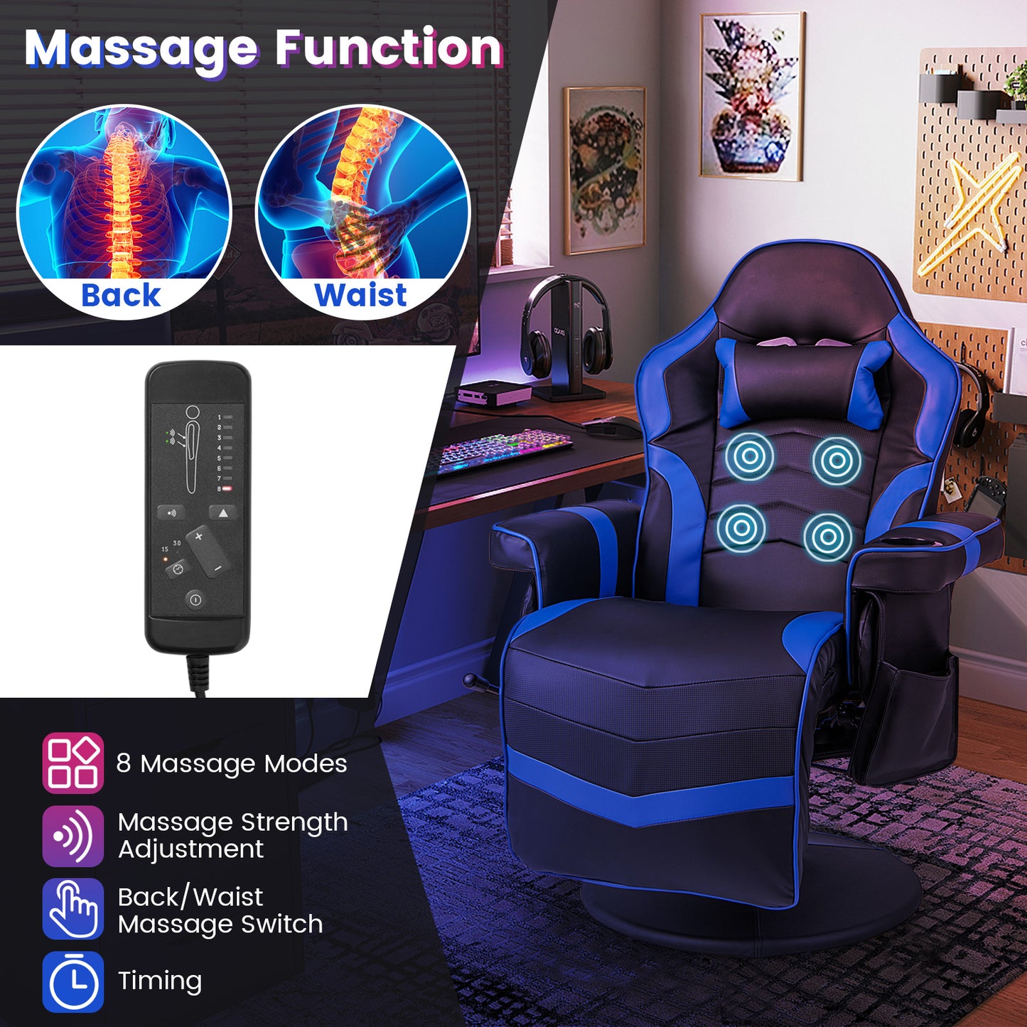 Electric Massage Gaming Chair with Cup Holder and Side Pouch-Blue