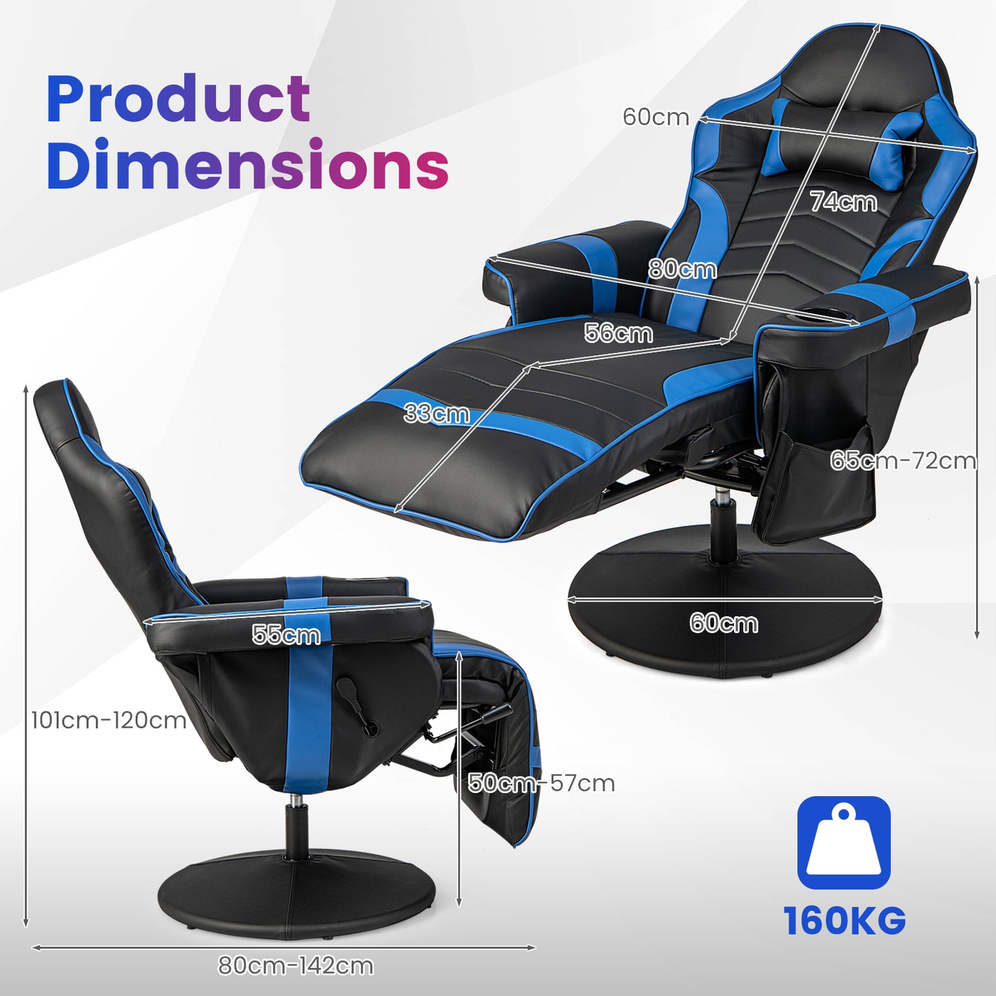 Electric Massage Gaming Chair with Cup Holder and Side Pouch-Blue