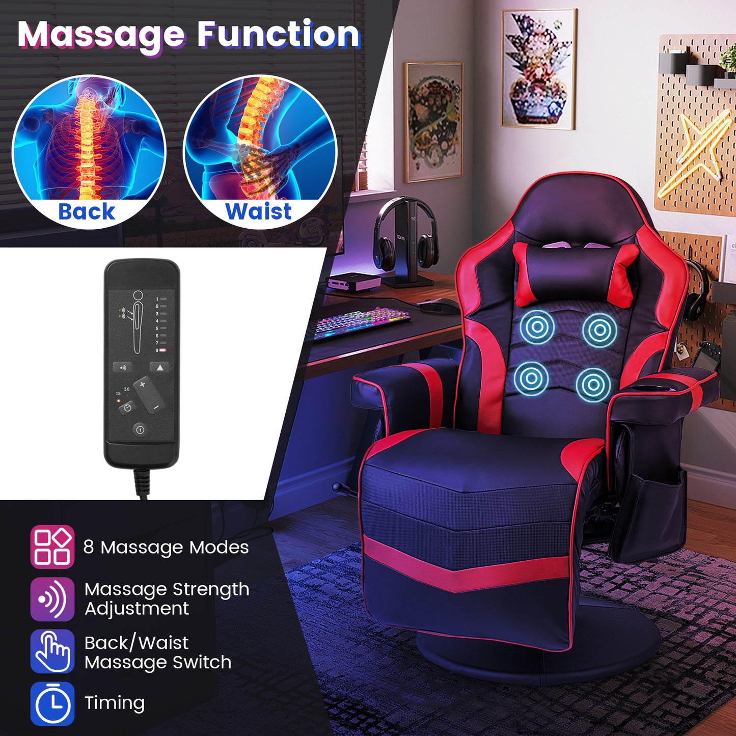 Electric Massage Gaming Chair with Cup Holder and Side Pouch-Red