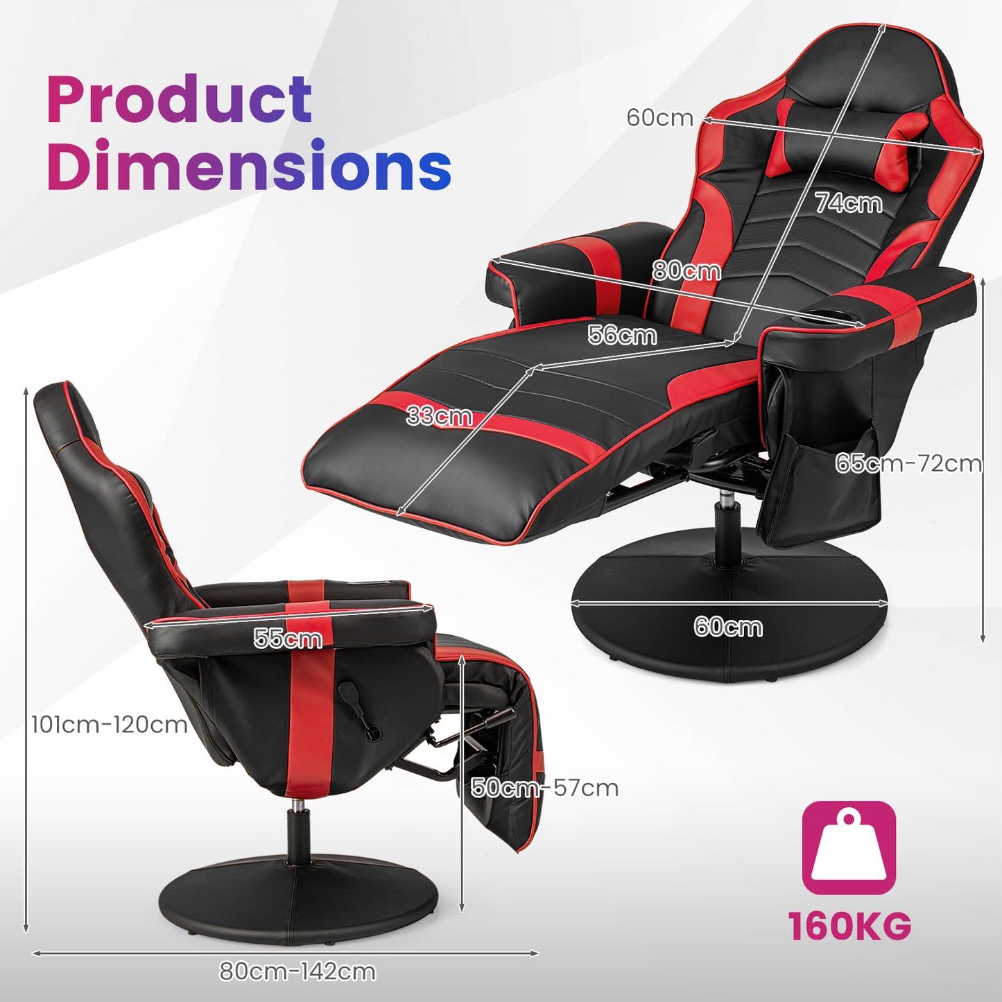 Electric Massage Gaming Chair with Cup Holder and Side Pouch-Red