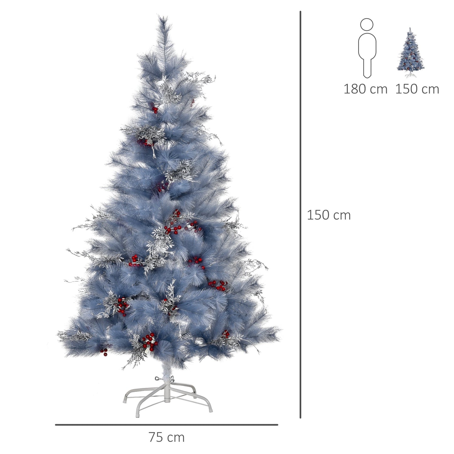 HOMCOM Christmas Tree, 150H cm, W/Replica Berry And Spruce-Grey