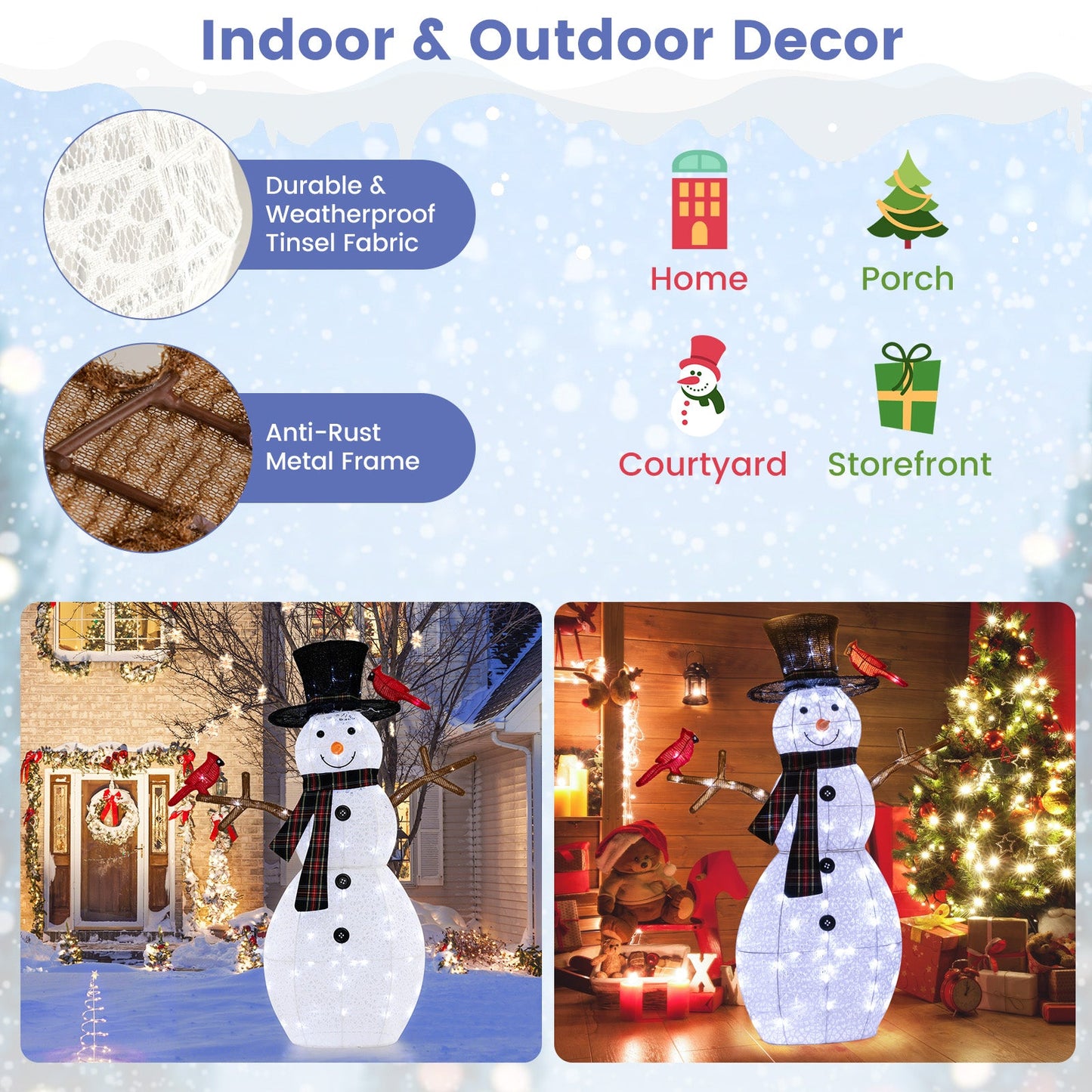 127 CM Pre-Lit Snowman Ornament with Warm-White LED Lights for Holiday Winter Decor