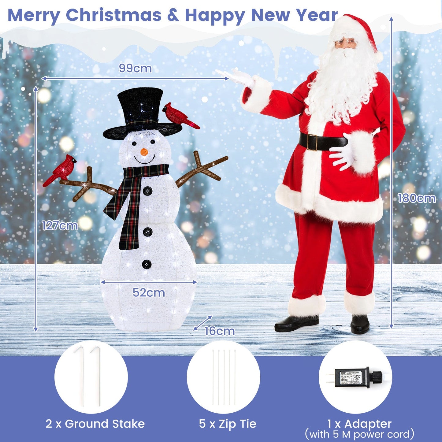 127 CM Pre-Lit Snowman Ornament with Warm-White LED Lights for Holiday Winter Decor