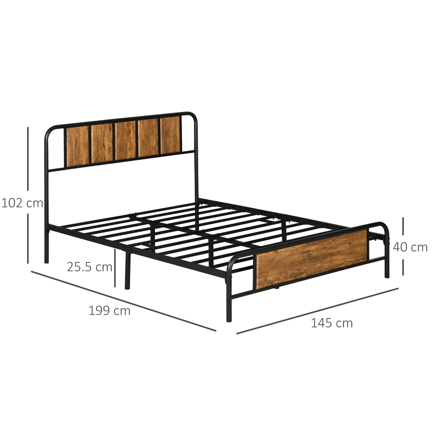 HOMCOM 25.5cm Double Bed Frame, Industrial Bed Base with Headboard, Footboard, Steel Slat Support and Under Bed Storage, 145 x 199cm, Rustic Brown
