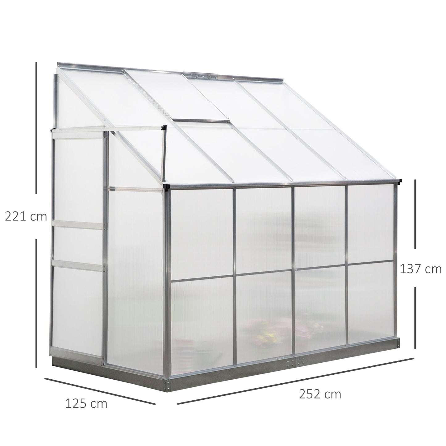 Walk-In Garden Greenhouse Heavy Duty Aluminum Polycarbonate with Roof Vent Lean to Design for Plants Herbs Vegetables 252 x 125 x 221 cm Frame w/