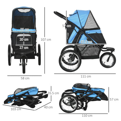 PawHut Pet Stroller Jogger for Medium, Small Dogs, Foldable Cat Pram Dog Pushchair w/ Adjustable Canopy, 3 Big Wheels - Blue