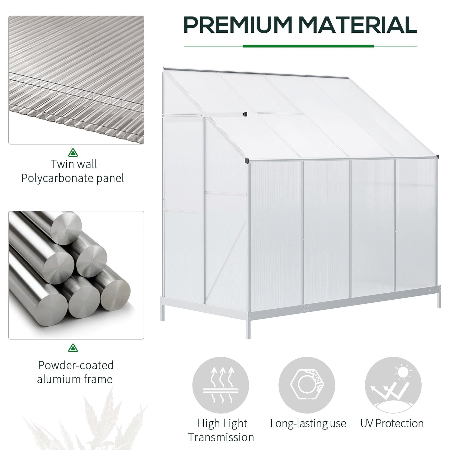 Walk-In Lean to Greenhouse Garden Heavy Duty Aluminium Polycarbonate with Roof Vent for Plants Herbs Vegetables, Silver, 253 x 127 x 220 cm