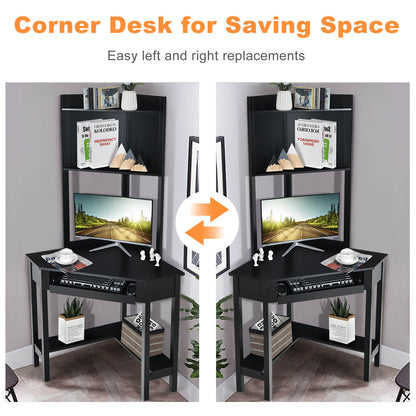Corner Computer Desk with Hutch and Storage Shelves-Black