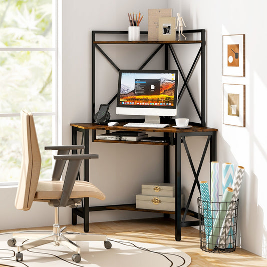 Corner Computer Desk with Hutch Storage Shelves and Keyboard Tray-Rustic Brown