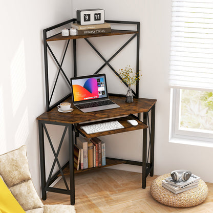 Corner Computer Desk with Hutch Storage Shelves and Keyboard Tray-Rustic Brown