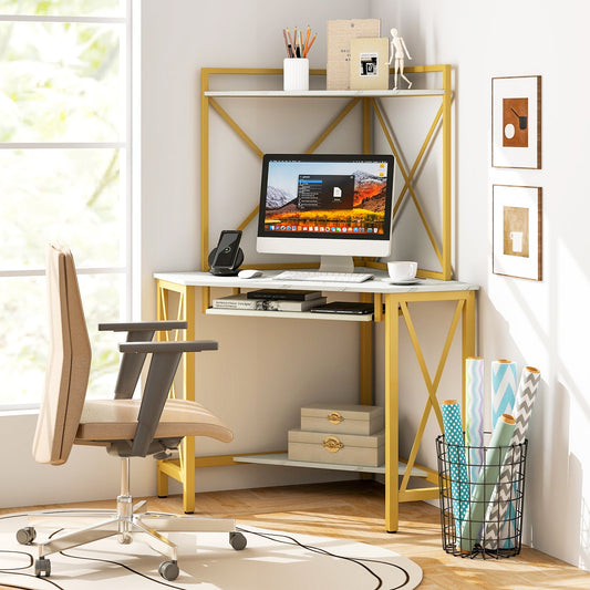 Corner Computer Desk with Hutch Storage Shelves and Keyboard Tray-White