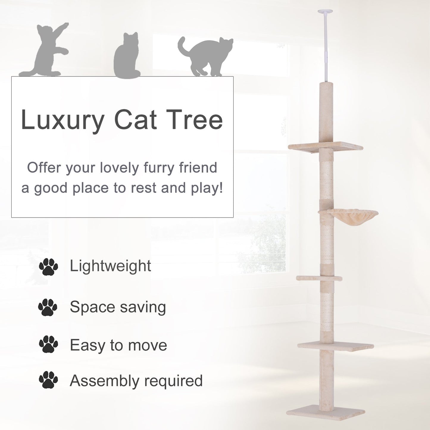 PawHut Floor to Ceiling Cat Tree 5-Tier Kitty Tower Activity Center Scratching Post 230-260cm