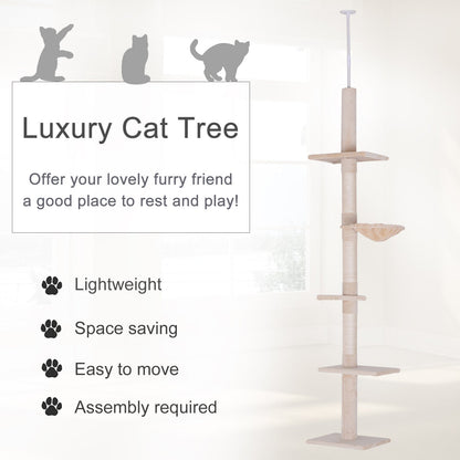 PawHut Floor to Ceiling Cat Tree 5-Tier Kitty Tower Activity Center Scratching Post 230-260cm