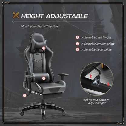 High-Back Gaming Chair Swivel Home Office Computer Racing Gamer Recliner Chair Faux Leather with Footrest, Wheels, Black Grey