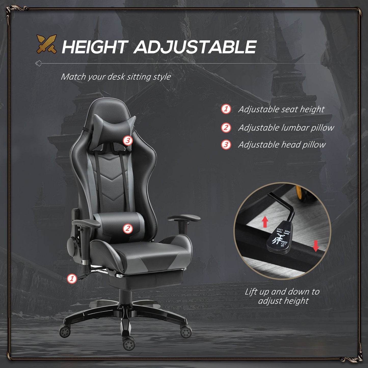 High-Back Faux Leather Gaming Chair with Footrest - Black/Grey