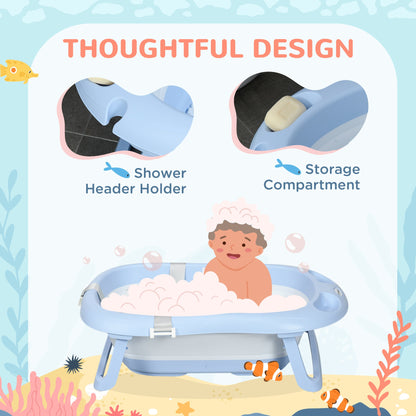 ZONEKIZ Foldable Baby Bathtub Set, Collapsible Bath Tub with Non-Slip Support, Cushion Pad, Drain Plugs, Shower Head Holder, Storage Compartments, for Newborn to 6 Years - Blue