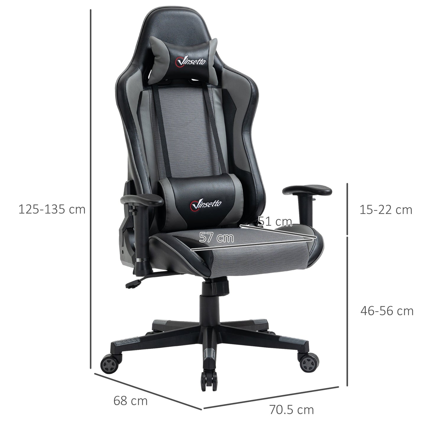 Vinsetto Racing Gaming Office Chair with Headrest and Lumbar Support - Grey