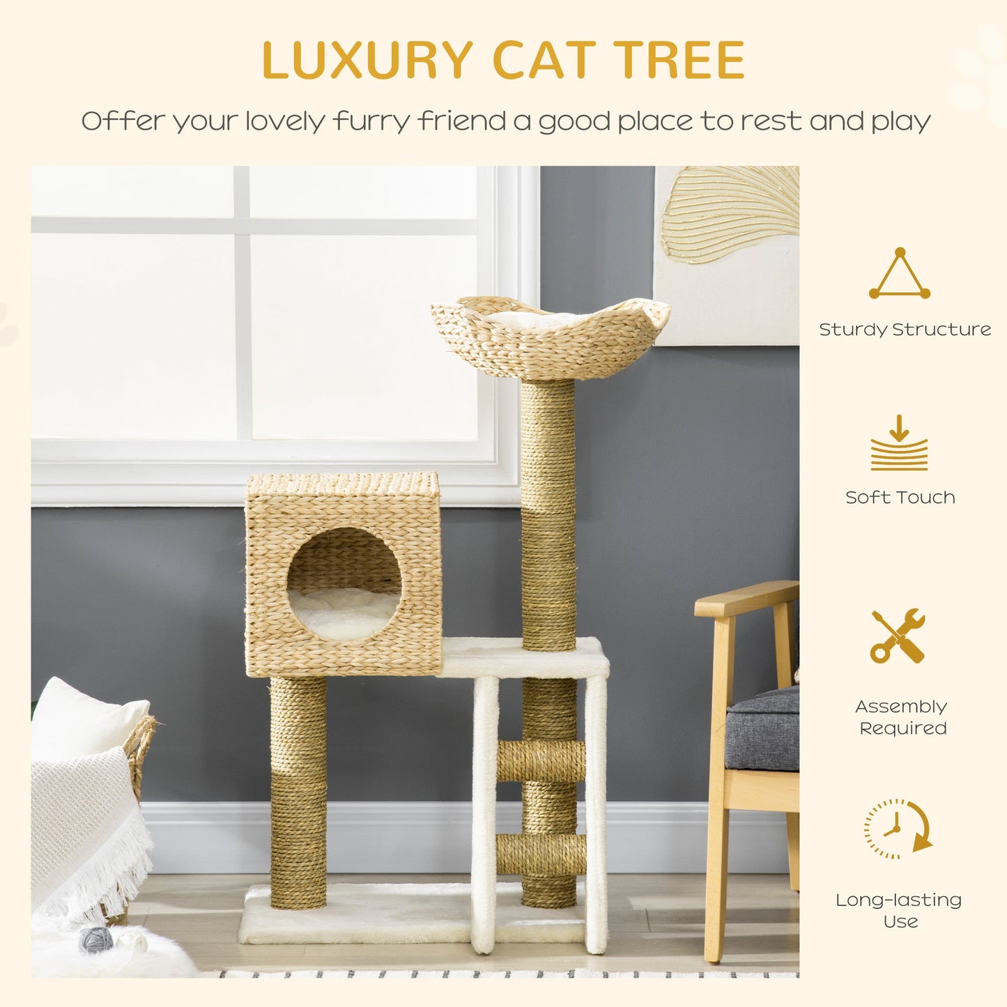 PawHut Cat Tree for Indoor Cats Kitten Tower Cattail Weave with Scratching Posts, Cat House, Bed， Washable Cushions Natural, 57 x 37 x 100.5 cm