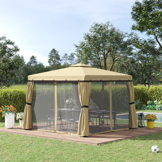 Outsunny 3 x 3(m) Patio Gazebo Canopy Garden Pavilion Tent Shelter with 2 Tier Water Repellent Roof, Mosquito Netting, Aluminium Frame, Beige