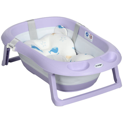 ZONEKIZ Foldable Baby Bathtub, W/ Non-Slip Support Legs, Cushion Pad, Shower Holder - Purple