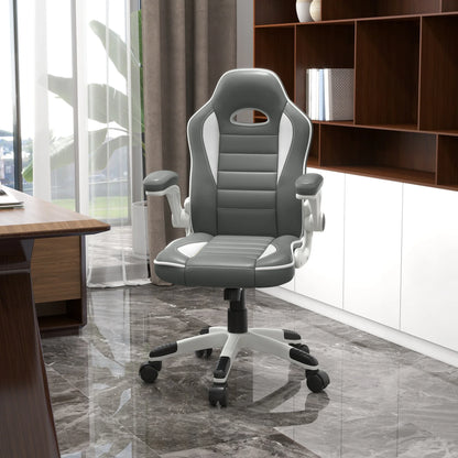 PU Leather Gaming Chair, Height Adjustable with Tilt Function and Flip Up Armrests - Grey