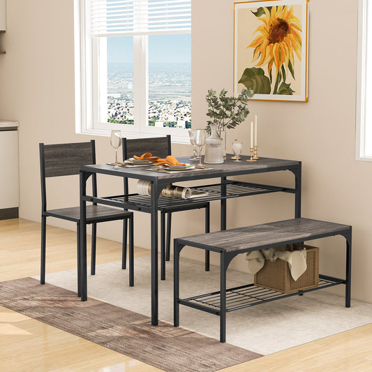 Dining Table Set for 4 with Storage Racks and Metal Frame-Grey