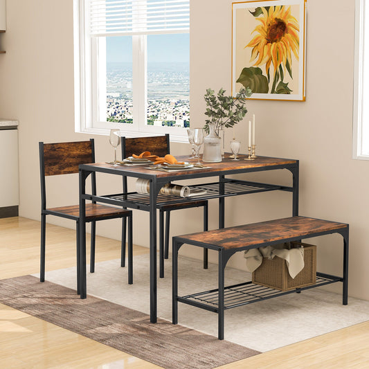 Dining Table Set for 4 with Storage Racks and Metal Frame-Rustic Brown