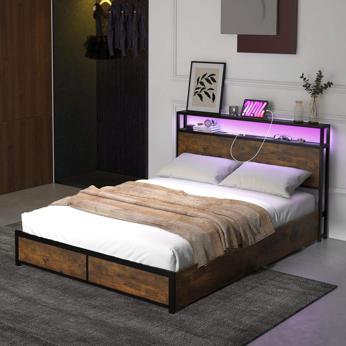 Double/King Size Bed Frame with LED Lights Headboard-Double Size