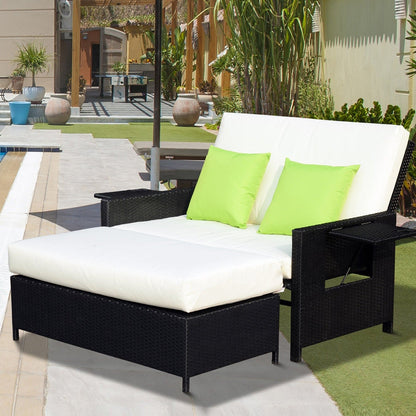 Outsunny 2-Seater Rattan Sun Lounger Daybed - Black