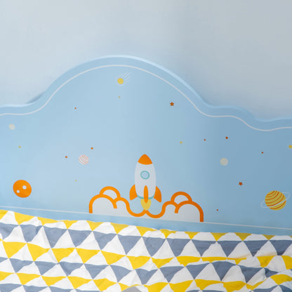 ZONEKIZ Toddler Bed Kids Bedroom Furniture with Rocket & Plants Patterns Safety Side Rails Slats, Blue