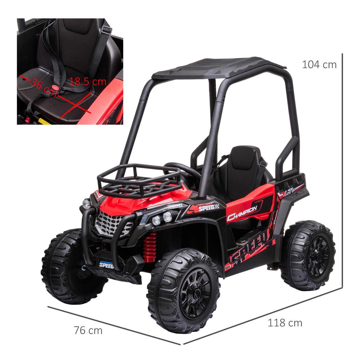 12V Battery-powered Kids Electric Ride On Car Off-road UTV Toy 3-6 km/h with High Roof Parental Remote Control Music Lights MP3 Suspension Wheels for 3-8 Years Old Red Yrs