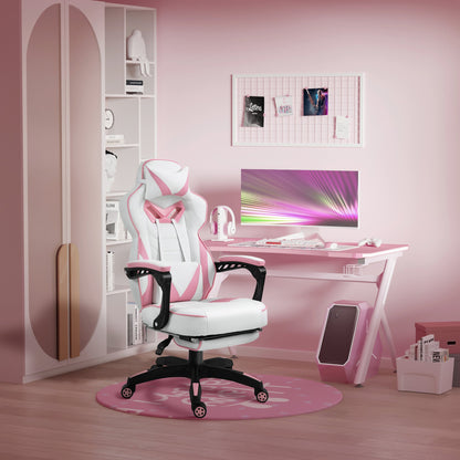 Vinsetto PU Leather Gaming Chair with Footrest and Headrest - Pink/White