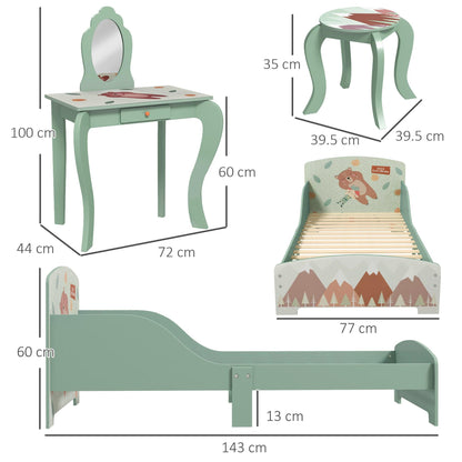 ZONEKIZ Green Animal Design Toddler Bed Frame and Dressing Table Set