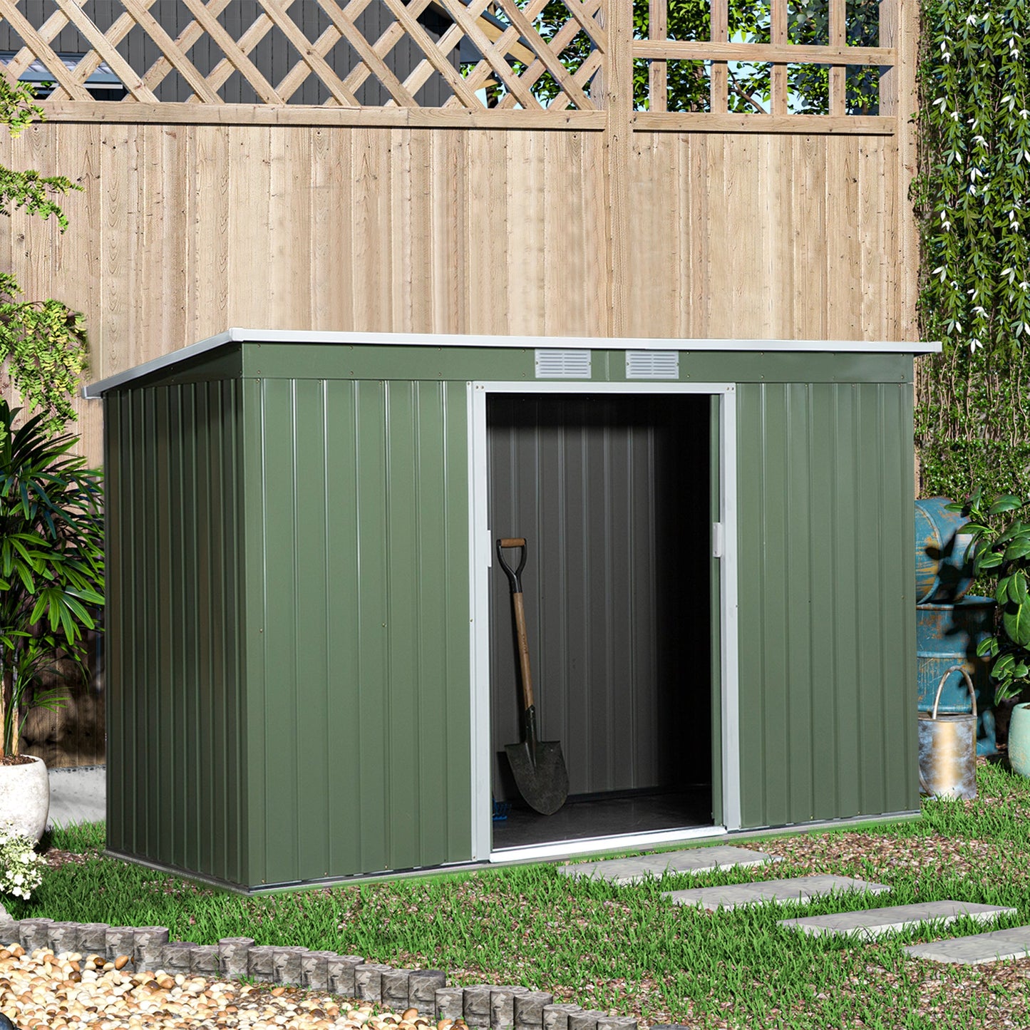 Outsunny 9ft x 4ft Corrugated Garden Metal Storage Shed Outdoor Equipment Tool Box with Kit Ventilation & Doors Light Green