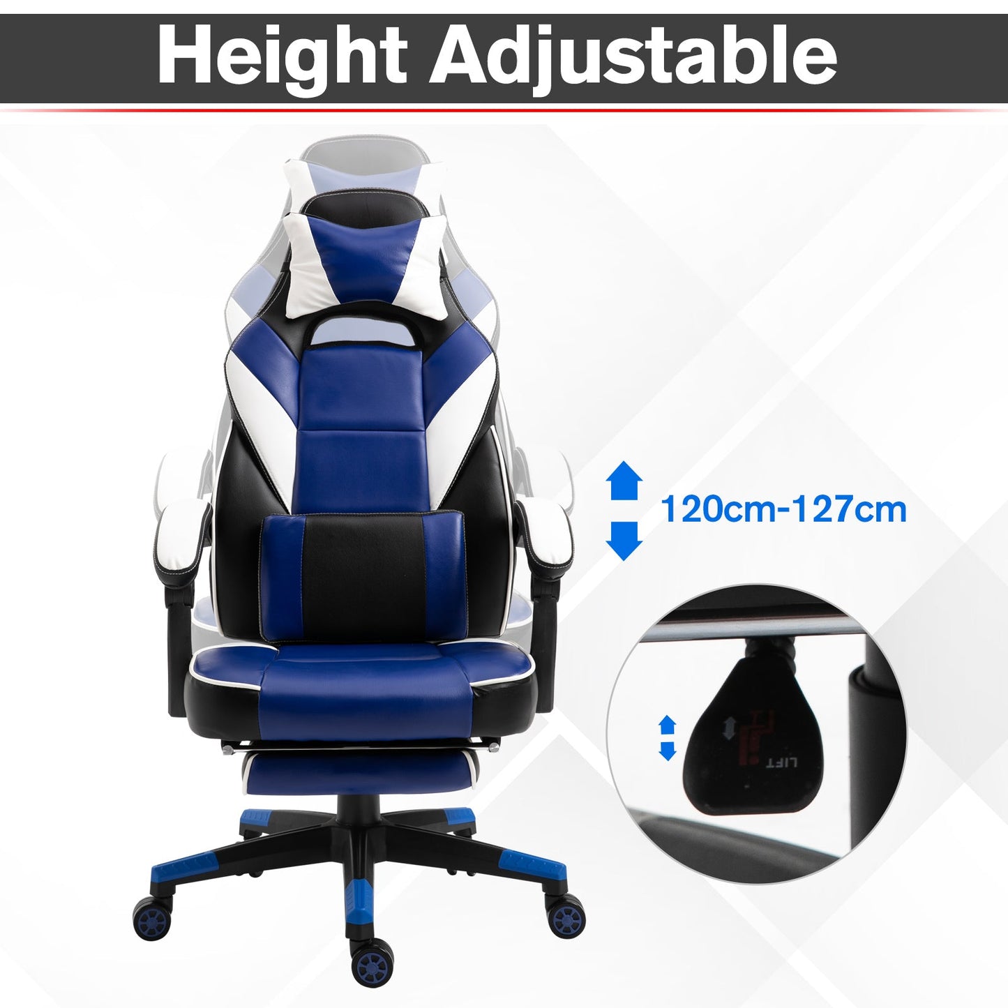 Vinsetto Cool & Stylish Gaming Chair Ergonomic Recliner w/ Thick Padding Footrest Neck & Back Pillow 5 Wheels Racing Swivel Height Adjustable Blue