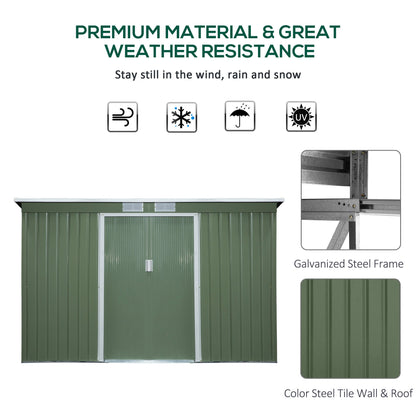 Outsunny 9ft x 4ft Corrugated Garden Metal Storage Shed Outdoor Equipment Tool Box with Kit Ventilation & Doors Light Green