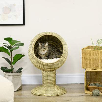 PawHut Raised Cat House, Natural Mat Grass Cat Bed, Kitten Cave with Stand Cushion, Detachable Top, Round, Yellow, Φ41x 71,5 cm