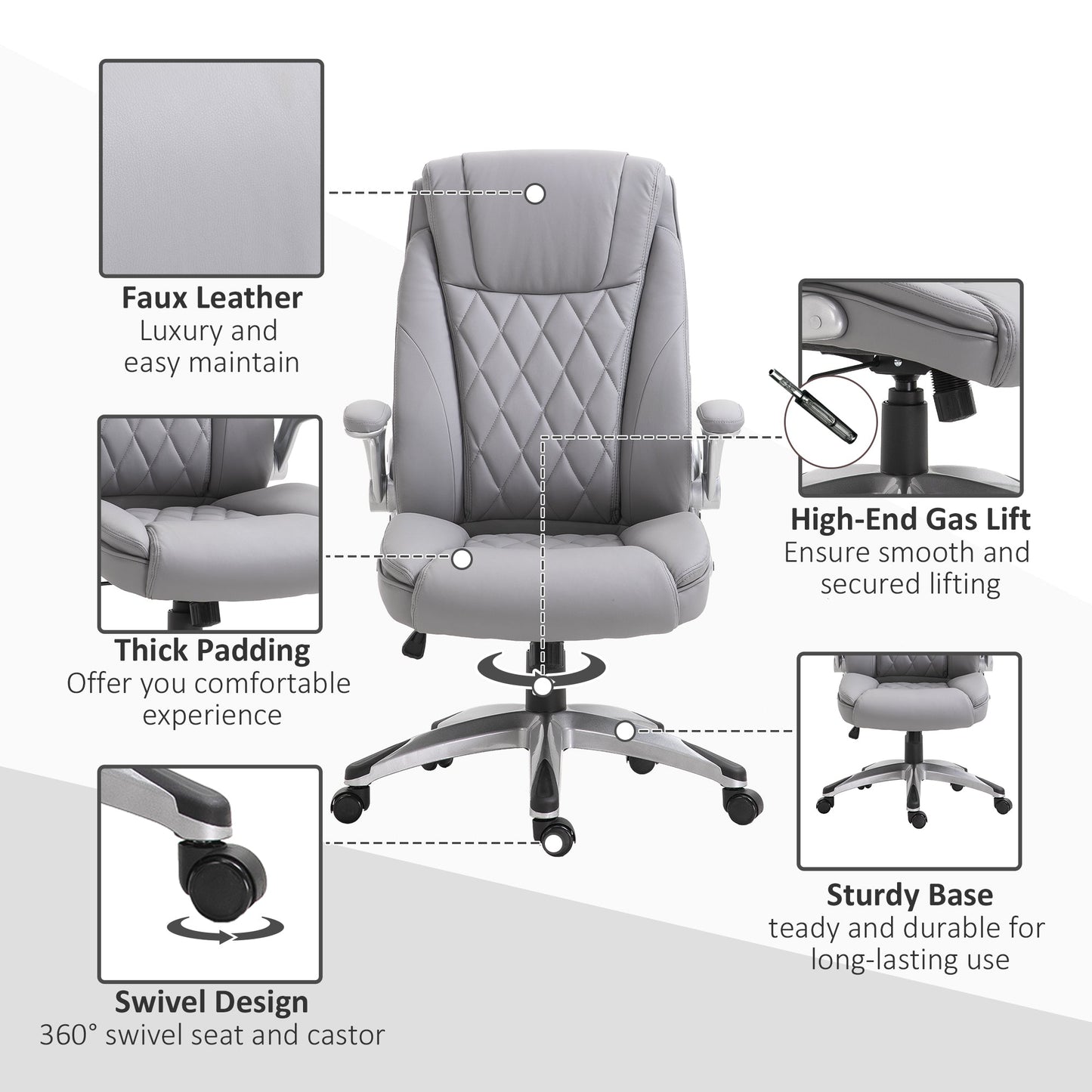 Vinsetto High Back Office Chair PU Leather Upholst, with Flip-up Arm, Wheels, Adjustable Height, Grey