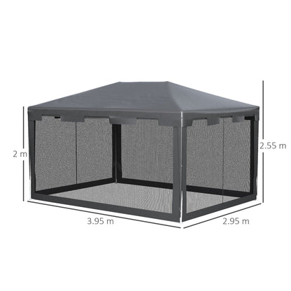 Outsunny 4 m x 3 m Gazebo Party Tent Outdoor Canopy Garden Sun Shade w/ Mesh Sidewalls, Grey