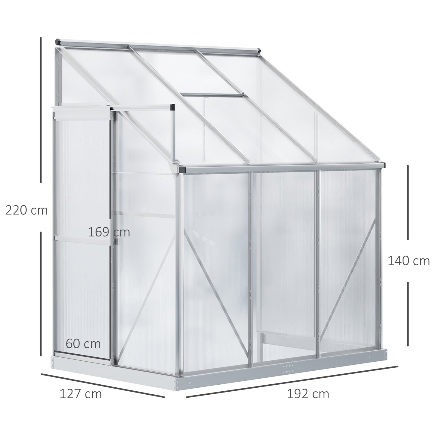 Walk-In Lean to Greenhouse Garden Heavy Duty Aluminium Polycarbonate with Roof Vent for Plants Herbs Vegetables, Silver, 192 x 127 x 220 cm