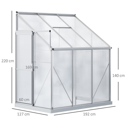 Walk-In Lean to Greenhouse Garden Heavy Duty Aluminium Polycarbonate with Roof Vent for Plants Herbs Vegetables, Silver, 192 x 127 x 220 cm