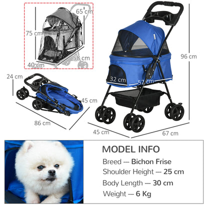 PawHut Dog Stroller with Rain Cover, Dog Pushchair One-Click Fold Trolley Jogger with EVA Wheels Brake Basket Adjustable Canopy Safety Leash for Small Dogs, Blue