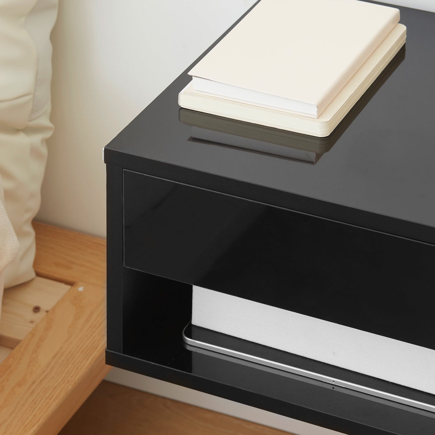 HOMCOM 2 Pieces Bedside Table Wall Mounted Nightstand with Drawer and Shelf for Bedroom, 37 x 32 x 21cm, High Gloss Black