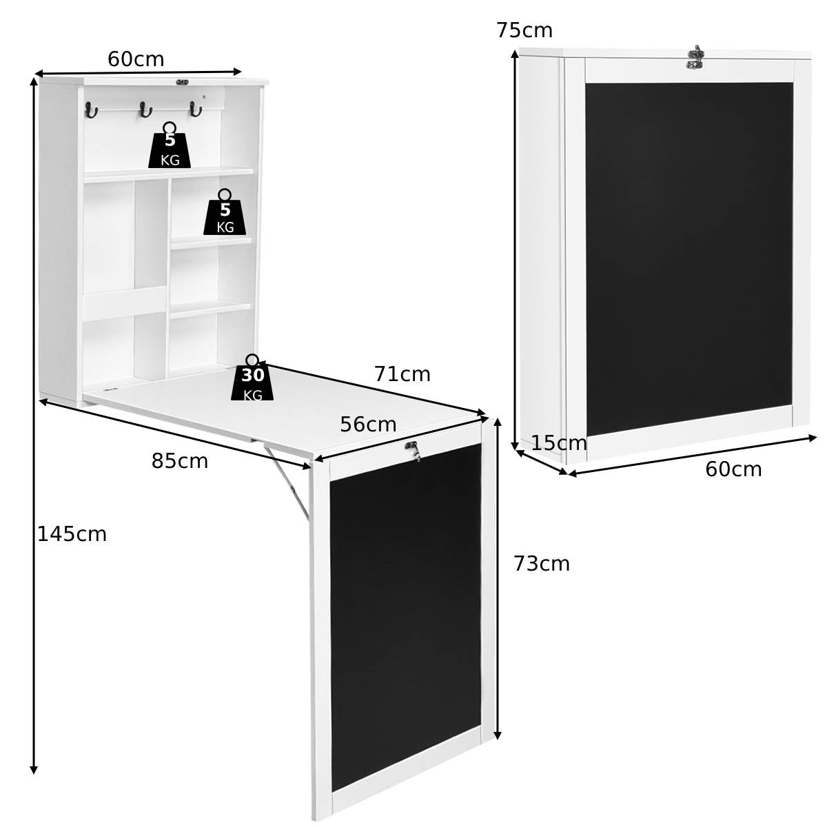 Wall Mounted Floating Computer Desk with 3-tier Tilt Storage Partition-White