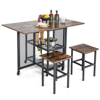 3-Piece Foldable Dining Table Set with Lockable Wheels for Small Place-Brown