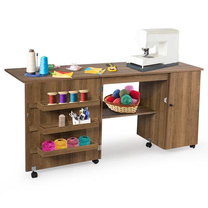 Large Foldable Sewing Table with Lockable Casters-Natural