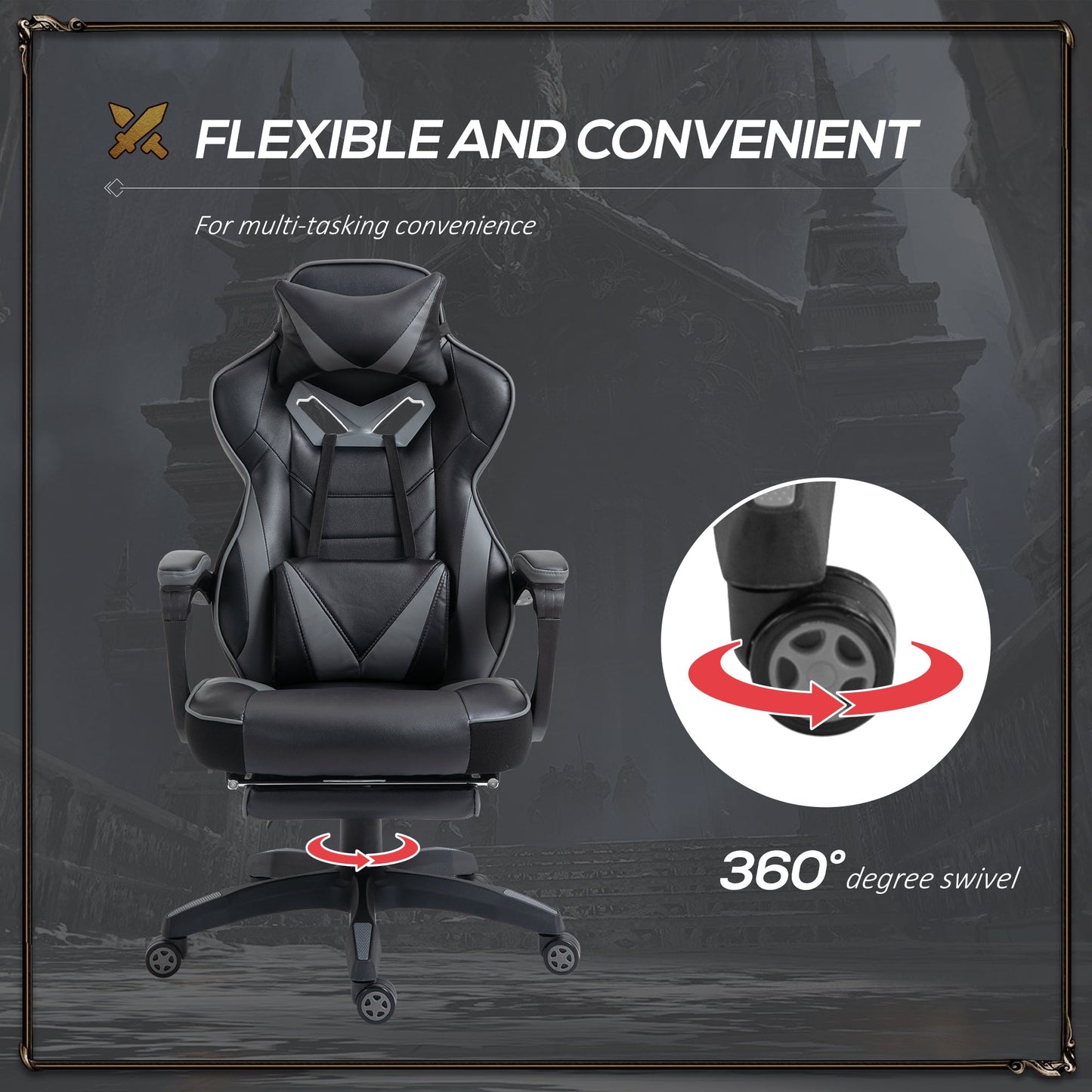 Vinsetto PU Leather Gaming Chair with Footrest and Headrest - Grey/Black