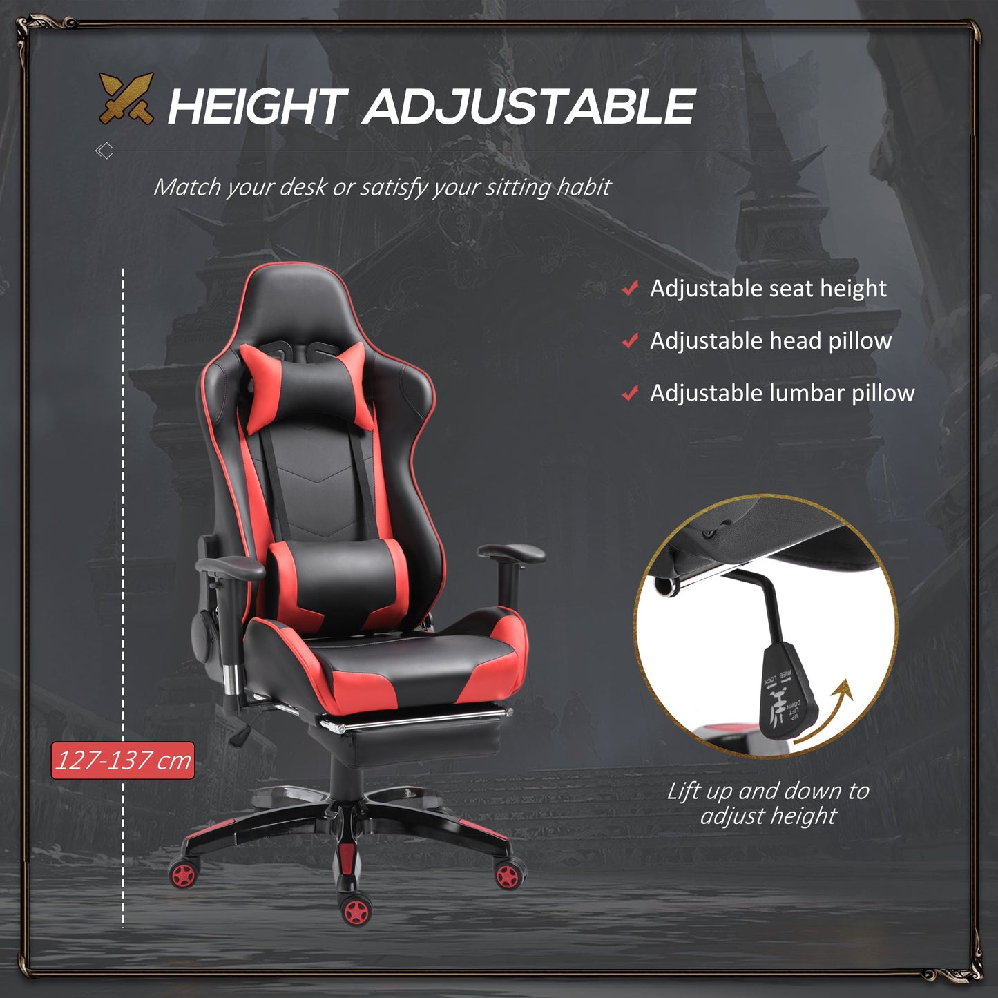 High-Back Gaming Chair Swivel Home Office Computer Racing Gamer Recliner Chair Faux Leather with Footrest, Wheels, Red Black